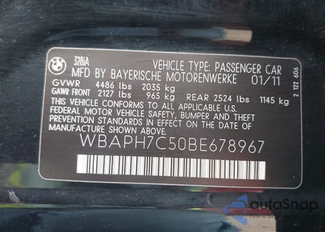 2011 BMW 328I из США, поврежденный, VIN WBAPH7C50BE678967